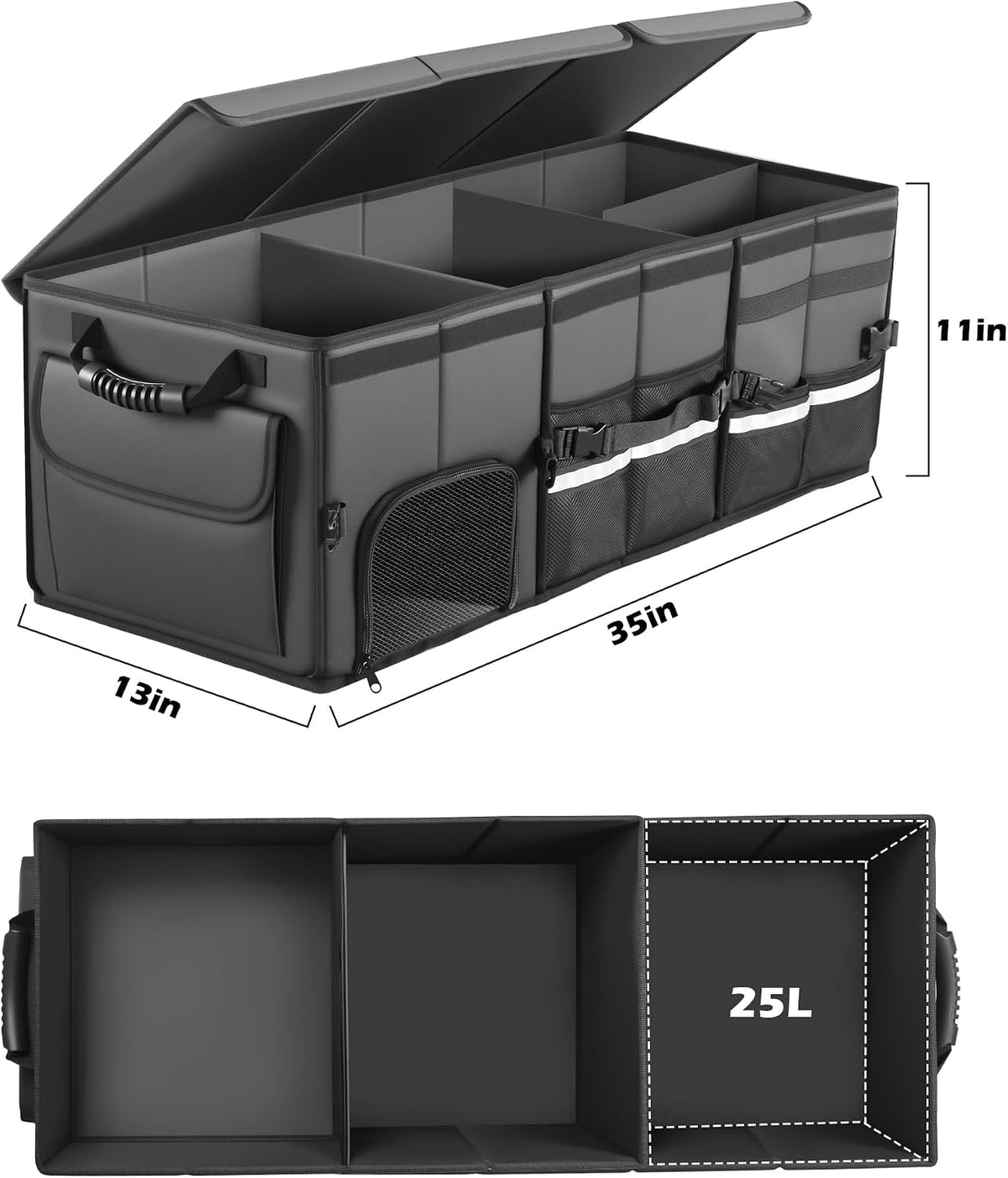 Car Trunk Organizer, 3 Compartment Collapsible Car Trunk Storage Organize with Lid, Non-Slip Bottom, Cargo Organizer for Car Accessories, Trunk Organizer for Car/SUV/Truck