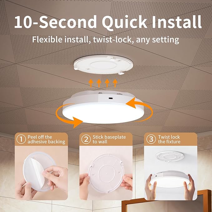 10,000mAh Rechargeable Radar Motion Sensor Ceiling Light with Remote, 7.68" Wireless LED Light No Wiring, 3 Color Temperatures, Dimmable Always-on Mode, Battery Powered for Shower Closet Shed Garage