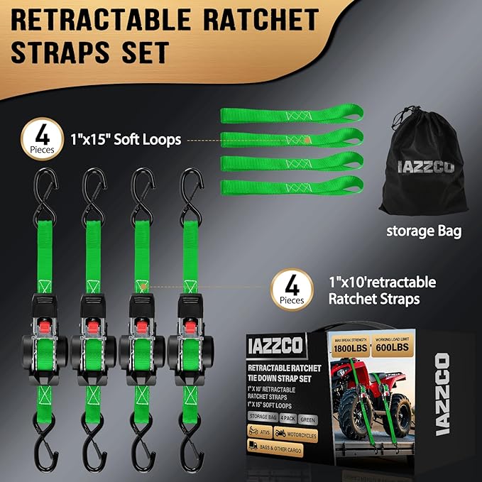 Retractable Ratchet Straps (4-Pack) - 1 in x 10 Ft (1800 LB Break Strength) Heavy Duty Self Retracting Ratchet Straps with Soft Loops & Storage Bag for Household, Motorcycle, Truck, ATV(Green)