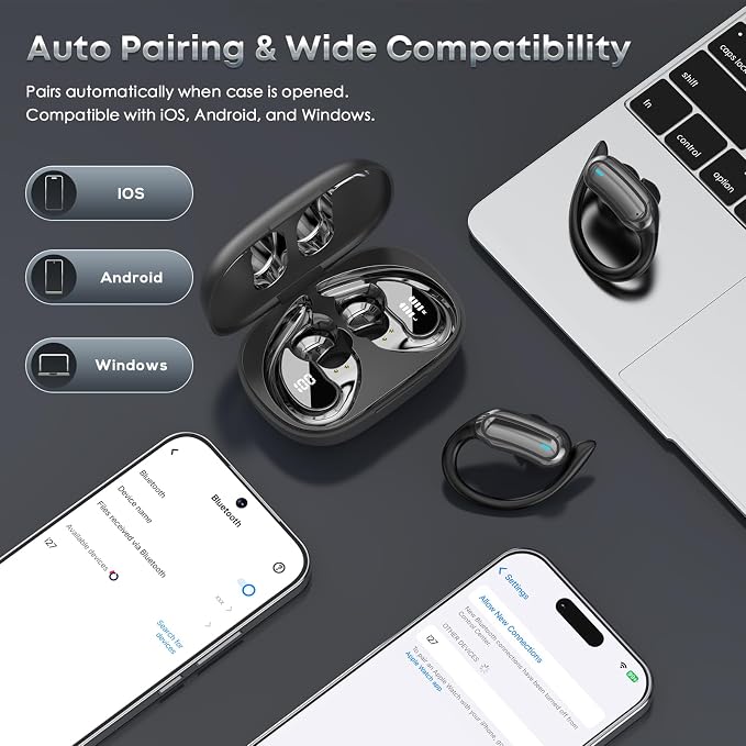 Wireless Earbuds Bluetooth Headphones, 54H Playtime Full Stereo Over Ear Buds with ENC Noise Cancelling, LED Power Display, IPX7 Waterproof Sport Earphones with Earhooks for Running/Workouts Black