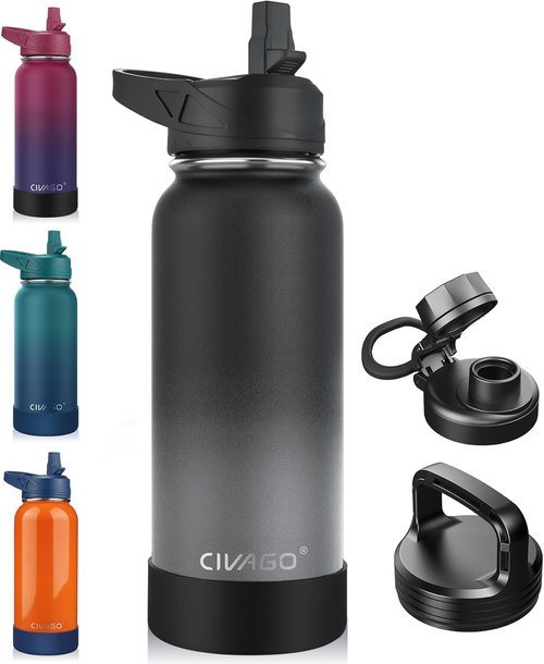 CIVAGO 32 oz Insulated Water Bottle - Stainless Steel Sports Flask with 3 Lids | Classic Ombre Gray