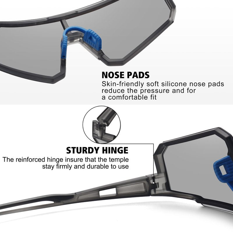 STORYCOAST Polarized Sports Sunglasses for Men Women,Driving Fishing Cycling Mountain Bike Sunglasses UV400 Protection Clear Gray Frame-photochromic Lens