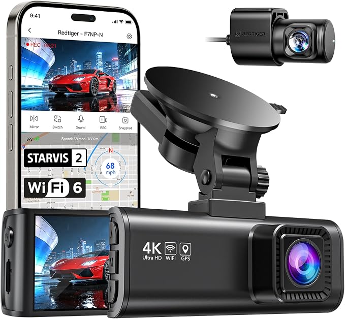 REDTIGER Dash Cam 4K Front and 1080P Rear, STARVIS 2 Sensor, 5.8GHz WiFi