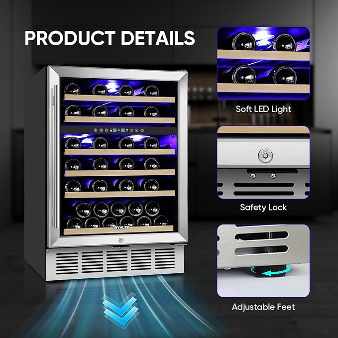 24 Inch Wine Cooler Refrigerator, 52 Bottle Dual Zone Wine Fridge with Stainless Steel Glass Door, Adjustable Shelves, Upgraded Compressor, Built-In Freestanding for Home, Bar, Kitchen
