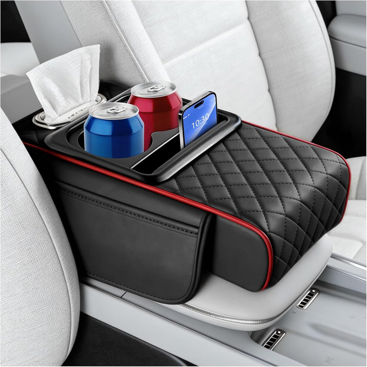 5-in-1 Car Center Console Cover,Leather Car Armrest Cover with Cup Holder/Storage Pocket/Phone Holder/Cars Tissue Holders,Thickened Cars Armrest Storage Box for Relieving Elbow Fatigue (Black)