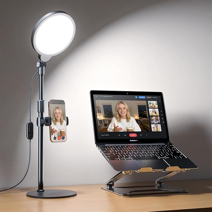 Dimmable Ring Light with Stand for Desk, Adjustable Desk Light for Video