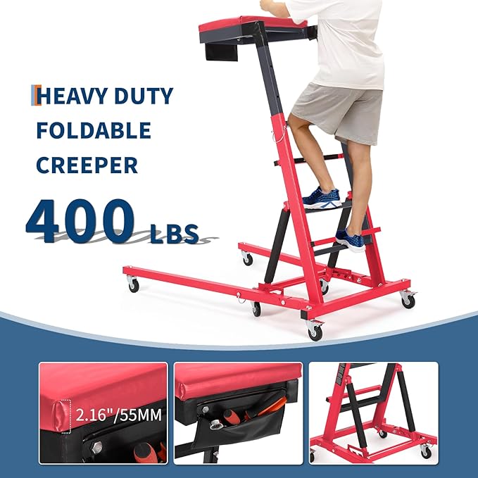 Topside Automotive Creeper,Engine Topside Creeper with Adjustable Height 48"-66", 400 Lbs Heavy-Duty Foldable Garage Creepers, 6 Swivel Casters, Padded Deck, Tool Pouch, for Truck/SUV Garage Mainten