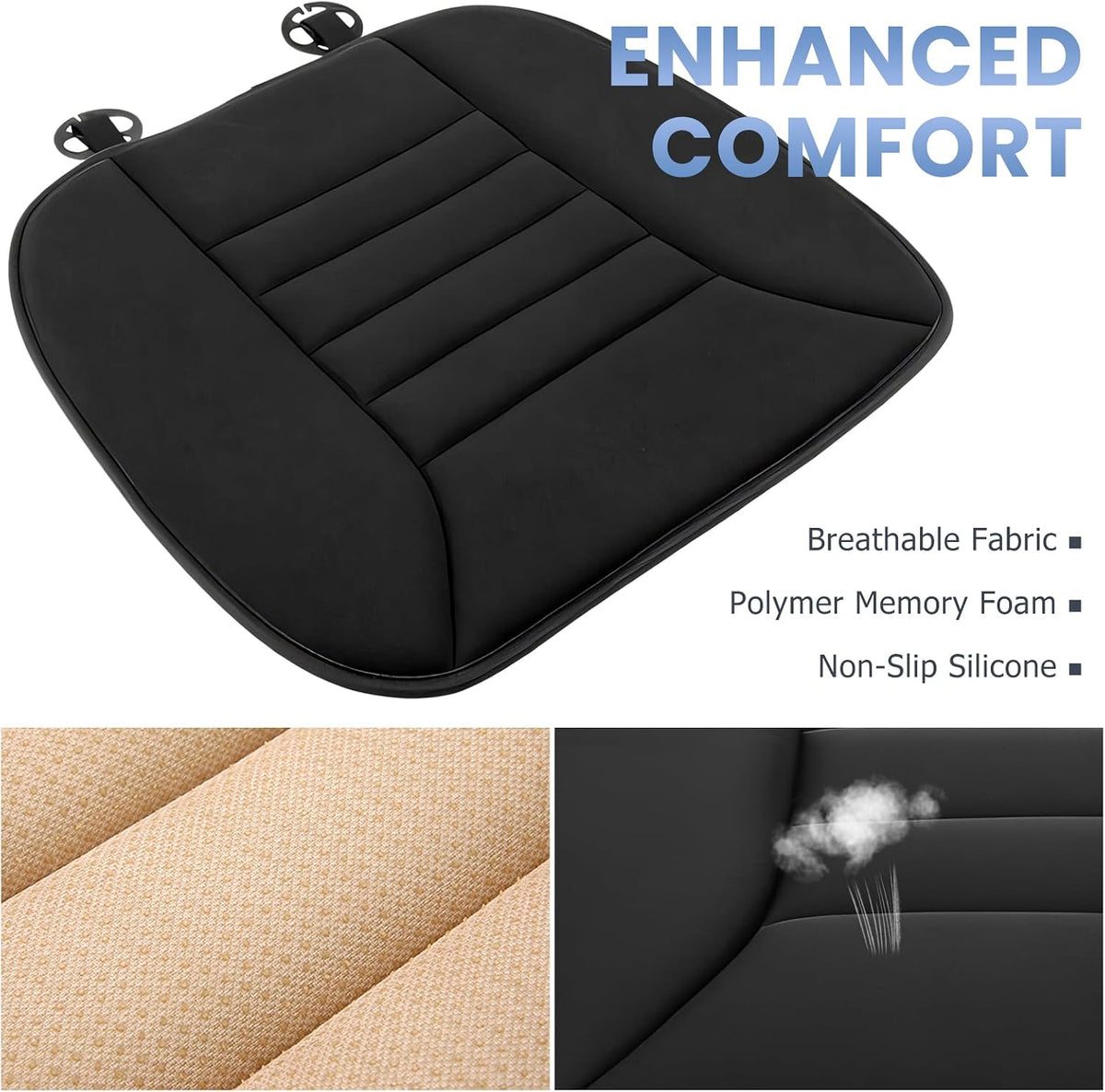 Car Seat Cushion, 1.2" Thick Comfort Memory Foam Seat Protector with Non-Slip Rubber Bottom, Breathable Fabric Driver Seats Cushion Pad for Sciatica Tailbone Back Pain Relief (Black)
