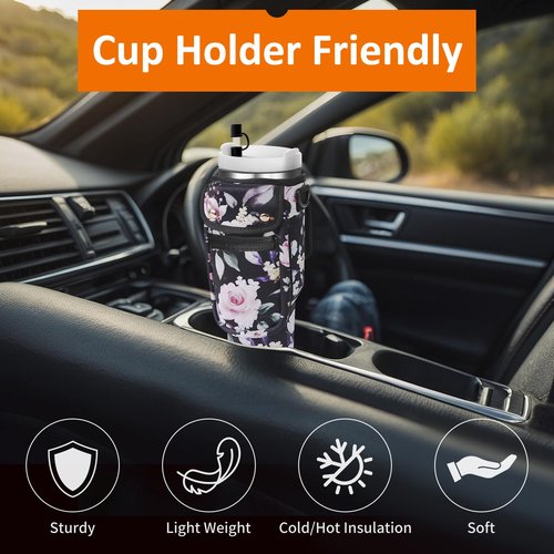 AceTreker 30 40 oz Water Bottle Sling Holder for Stanley Tumbler with Handle, Neoprene Vacuum Coffee Mug Carrier Pouch with Paracord Handle, 2 Pockets, Straw Cover for Car Gym Walking-Black Rose