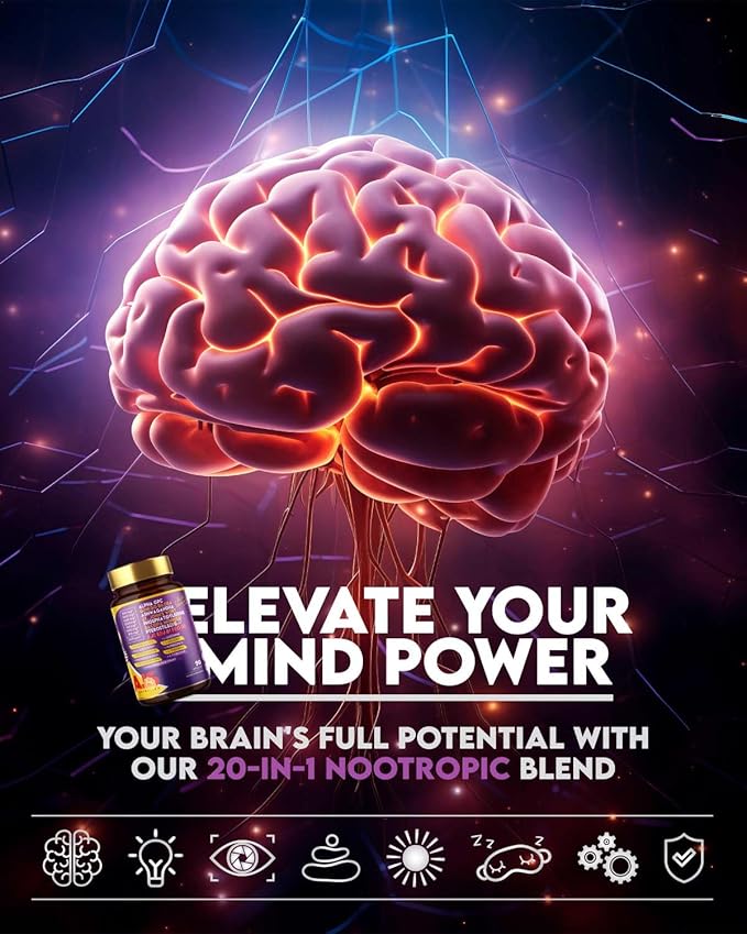 AJS Alpha GPC Nootropic Brain Supplement,Phosphatidylserine,St. John'sWort Ginkgo Biloba,Ashwagandha,Bacopa Monnieri,Pterostilbene,Magnesium Glycinate,Ginkgo Biloba,5-MTHF,Huperzine A 60CT,90 capsules