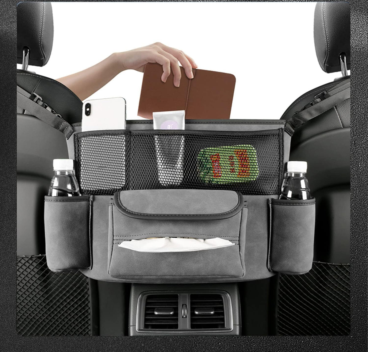 JEYODA Car Handbag Holder Between Seats Suede Large Capacity Car Purse Holder Automotive Consoles & Organizers for Document Phone Storage Car Organizer(1925-style 2 grey)
