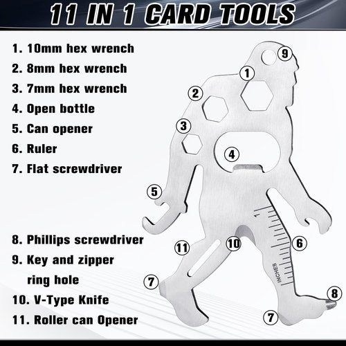 Cholemy 12 Pcs Credit Card Tool Novelty Stocking Stuffer Wallet Multitool Edc Gadget Friendship Bigfoot Sasquatch Elephant Gift Small Hand Carabiners Tool for Father Day Men Birthday(Ape-man,Silver)
