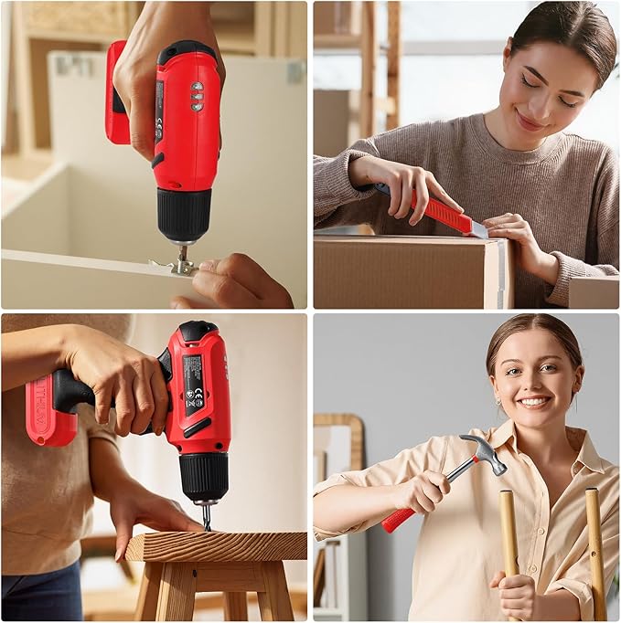 TLGREEN 101 Pcs 8V Cordless Drill and Tool Set, USB-C Rechargeable Power Tool Kit with Brushless Motor & Fast Charge, Lightweight Home Tool Kit for DIY, Repair, and Maintenance with Storage Case（Red)