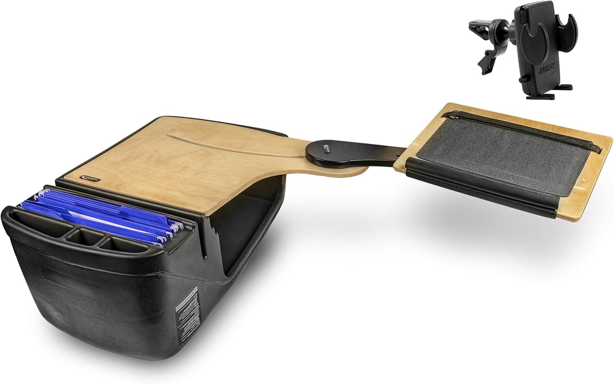 AutoExec Reach Desk Back Seat Left Side Car Desk for Your Vehicle Workstation and Mobile Office, Birch, with Phone Vent Clip
