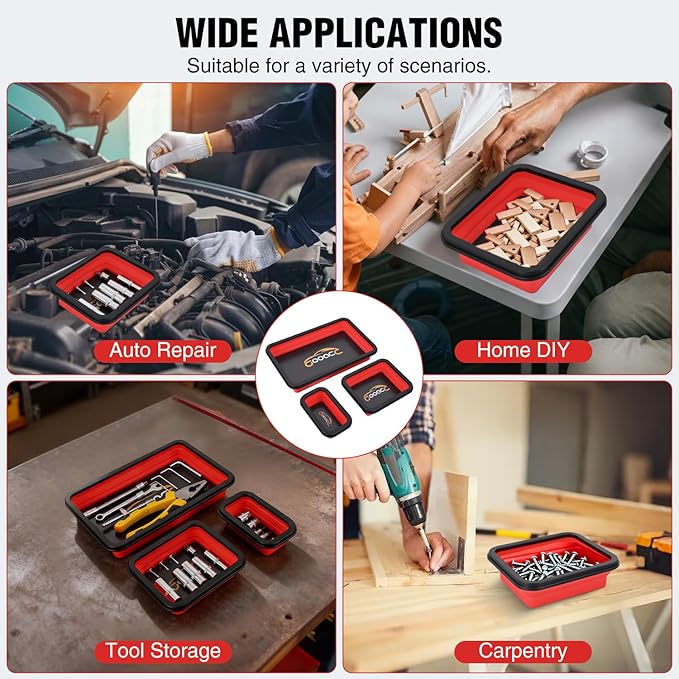 GOOACC 3 Sizes Collapsible Magnetic Parts Tray Set Red Silicone Foldable Tool Trays Organizer for Screws Bolts Nuts Pins Washers and Other Small Metal Parts Double Sided Magnet Base