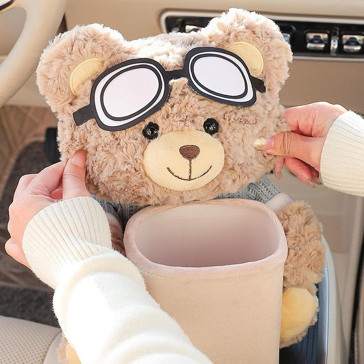 Bear Tissue Holder for Car | Cute Plush Bear Tissue Box Holder & Trash Can with Waterproof Liner | Multi Functional Trash Storage Box, for Armrest Bathroom Sofa