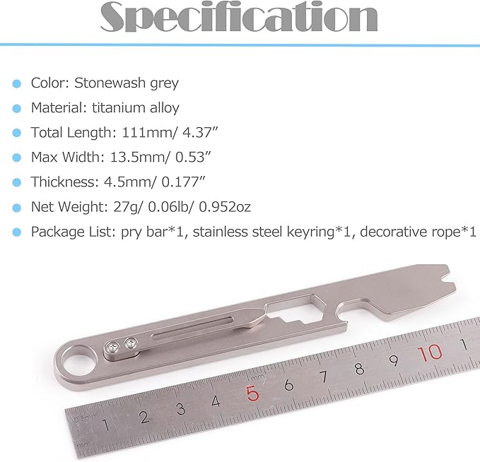 EDC Pry Bar Bottle Opener Titanium Pry Bar Gear 10-in-1 Mutitool with Clip CM Unit Scale Wrench 4.37"
