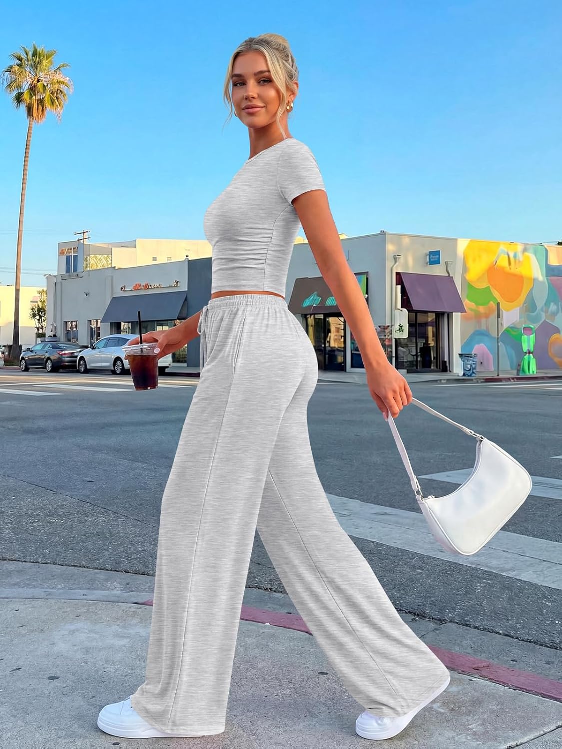 Trendy Queen 2 Piece Summer Sweatsuit Set - Women's Ruching Top & Wide Leg Pants with Pockets