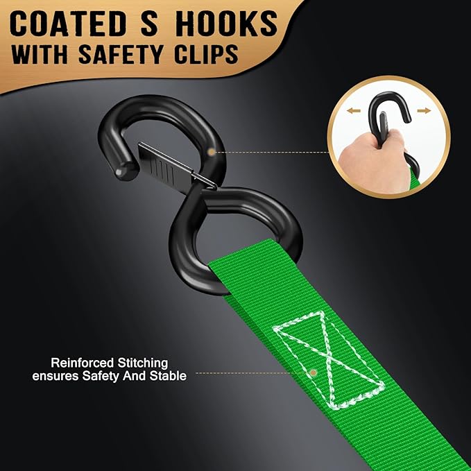 Retractable Ratchet Straps (4-Pack) - 1 in x 10 Ft (1800 LB Break Strength) Heavy Duty Self Retracting Ratchet Straps with Soft Loops & Storage Bag for Household, Motorcycle, Truck, ATV(Green)