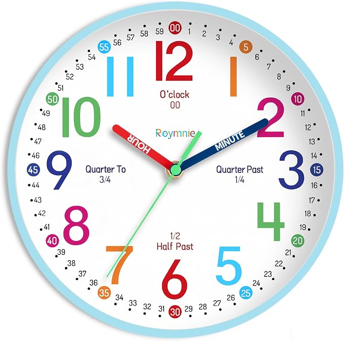 Roymnie Wall Clock 8 Inch for Kids Learning to Tell Time Easily Non Ticking