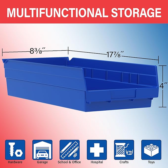 Akro-Mils 30158 Plastic Shelf Bins, Heavy Duty Storage Bins for Garage, Closet, and Drawer Organization, 18-Inch x 8-Inch x 4-Inch, Red, 12-Pack