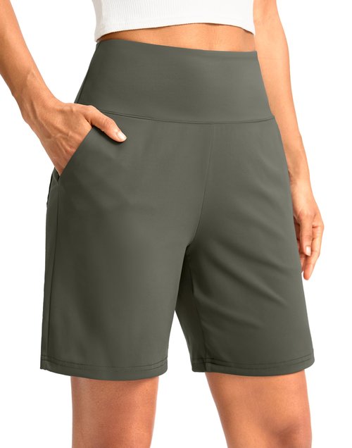 G Gradual Women's Bermuda Long Shorts with Pockets 7" High Waisted Knee Length Shorts for Women Walking Athletic Workout(Grey Sage-L7,M)