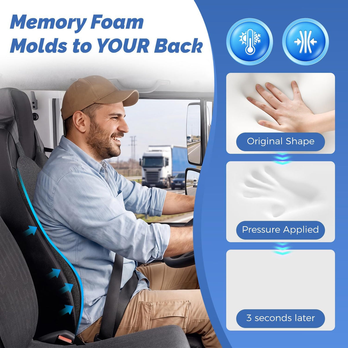 Dreamer Car Lumbar Support Pillow for Car – Memory Foam Whole Back Relief | Adjustable Straps, Washable Cover, Anti-Slip – Daily Commute & Long Trips – 16.9"x20.9"(2.4" Thin) – Trusted by Pro Drivers