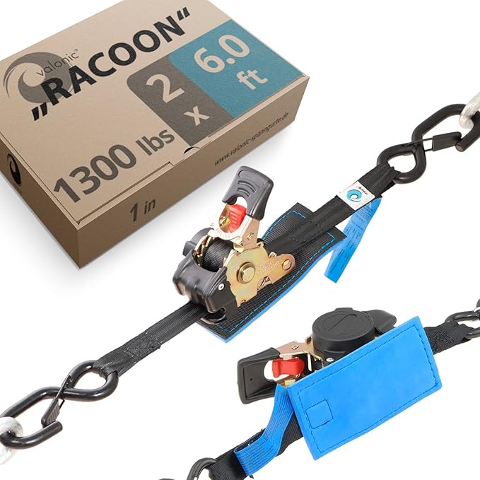 valonic Racoon - Retractable Ratchet Straps - 1300 lbs, with Protection pad and Hooks, 6 ft x 1 in, 2 Pack Black - Boat tie Down Straps