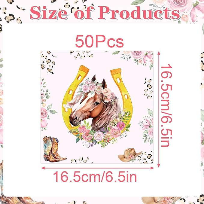 Horse Birthday Napkins Decorations for Girls, 50PCS Floral Cowgirl Party Napkins Decor, Disposable Western Horse Paper Napkins Set Supplies Size 6.5 Inch