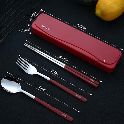 DEVICO Travel Utensils Set - 18/8 Stainless Steel 4-Piece Cutlery with Case | Portable Red Flatware