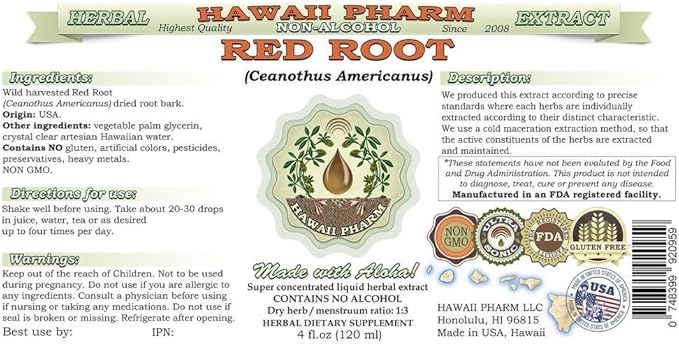 Red Root Alcohol-Free Liquid Extract, Red Root (Ceanothus Americanus) Dried Root Bark Glycerite Natural Herbal Supplement, Hawaii Pharm, USA 32 fl.oz