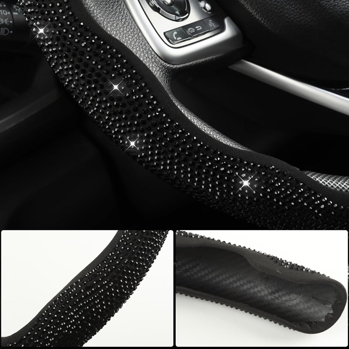 West Llama Diamond Bling Car Steering Wheel Cover with Crystal Rhinestones,3PCS Segmented Steering Wheel Protector,Universal for 99% Cars for Women(Black with Black Diamond)