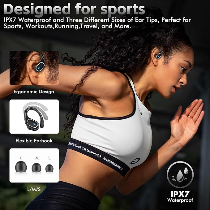 HAOYUYAN Wireless Earbuds Bluetooth 5.3 Headphones with 80H Playback, IPX7 Waterproof Over Ear Buds with LED Power Display for Sports Running Workouts Gray Black