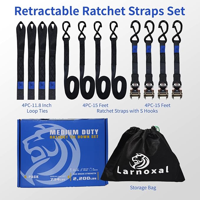 Ratchet Straps 4 Pack - 2,200 Lbs Break Strength 1 in x 15 Ft Medium Duty Ratchet Tie Down Straps with S Hooks Set for Truck, Cargo Van, Trailer, Motorcycle (Black)