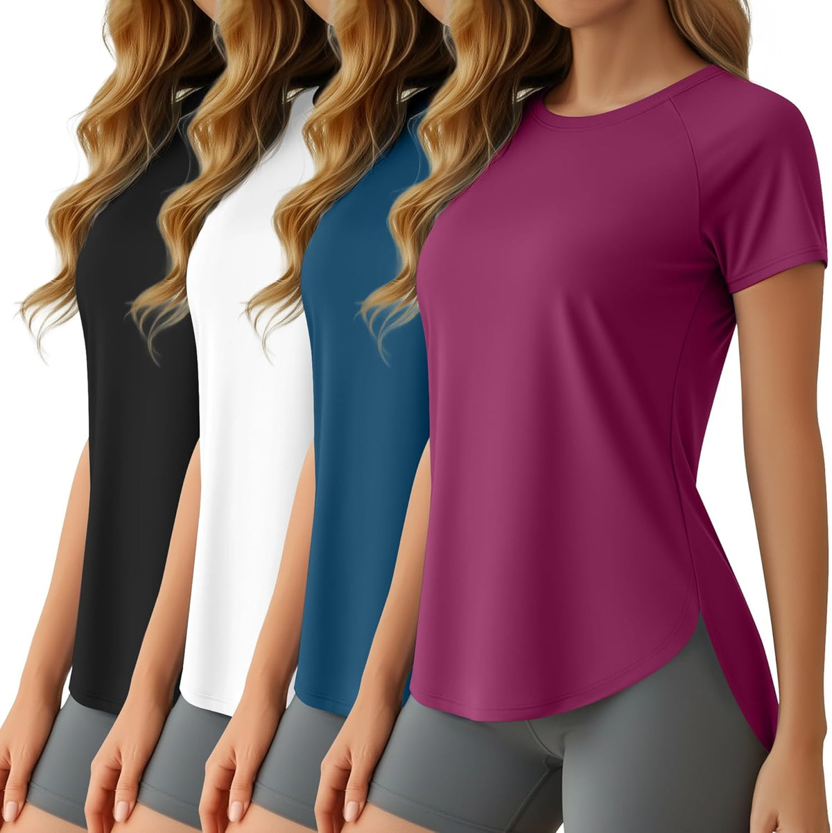 Oakgarden Women's Workout Tops - UV Protection, Quick Dry, Short Sleeve - 4 Pack Athletic Shirts