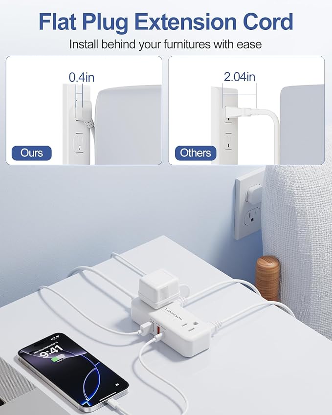 PD20W Flat Plug Power Strip -3 Ft Flat Plug Extension Cord with 4 AC Outlets 3 Quick Charging USB Ports, Flat Outlet Wall Plug Compact for College Dorm, Travel, Home, Office Desk Accessories