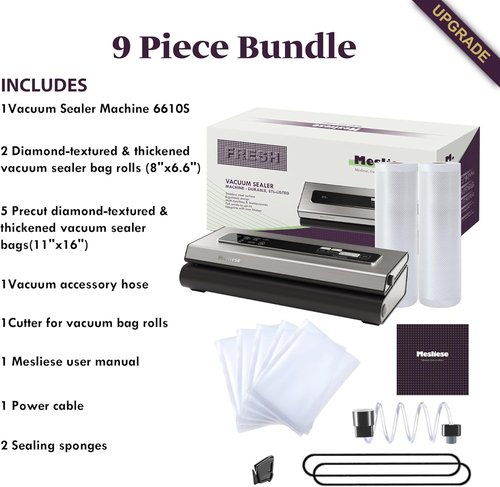 Mesliese Vacuum Sealer Machine - Powerful 90Kpa Food Preservation System | 6-in-1 Compact Design, Silver