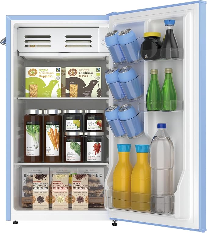 Frigidaire Retro Compact Fridge with Chiller, 3.2 cu ft Countertop Fridge with Built-In Bottle Opener, Compact Refrigerator for Office, Bedroom, Dorm Room or Cabin - 16.5" D x 19" W x 31" H (Blue)