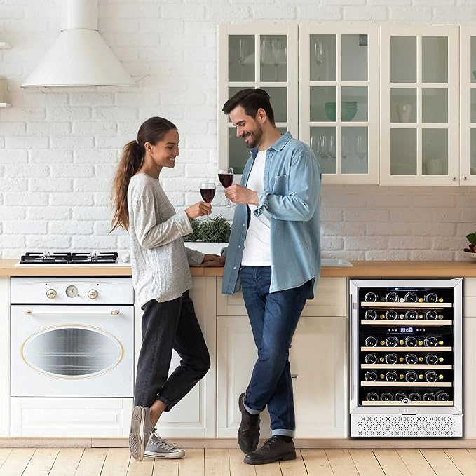 24 Inch Wine Fridge, Dual Zone 54 Bottles Wine Refrigerator, Built-In or Freestanding, Safety Lock, Double-Layer Glass Door, Adjustable Shelves, Wine Cooler Refrigerator for Home Bar Kitchen