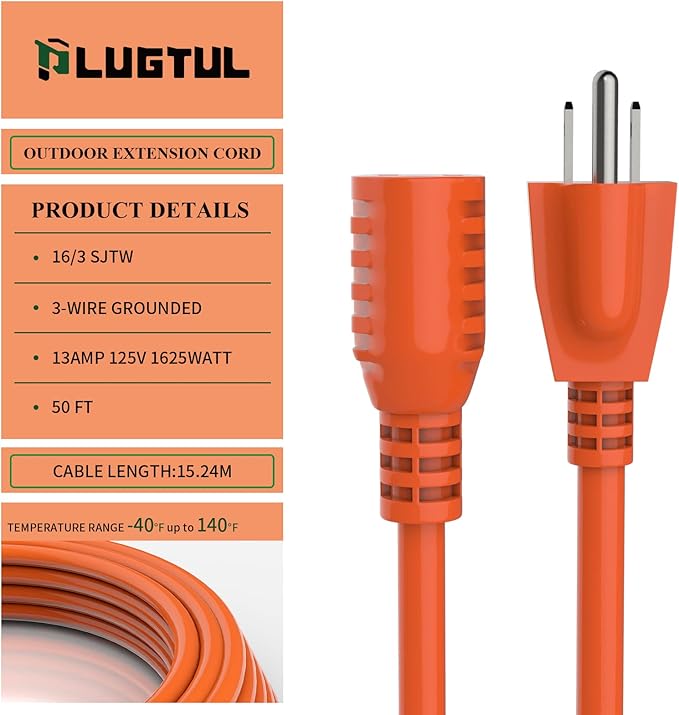 Outdoor Extension Cord 50 FT Waterproof, 16/3 Gauge Heavy Duty 3 Prong Extension Cord, 13A 1625W SJTW, ETL Listed, Great for Garden and Home, Orange