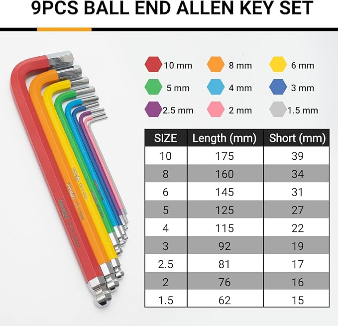 Allen Key Set 9 PCS Anti-Slip Long Ball Hex Key Set 1.5-10mm, Color Coded Ball Point Head Hexagon Keys Set for Furniture Assembly, Bikem, Motorcycle Repairs, Household DIY