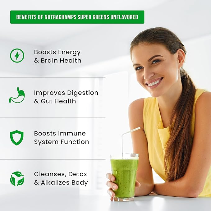 NutraChamps Super Greens Powder Premium Superfood | 20+ Organic Green Veggie Whole Foods | Wheat Grass, Spirulina, Chlorella | Antioxidant, Digestive Enzyme & Probiotic Blends (9.0 Oz, Unflavored)