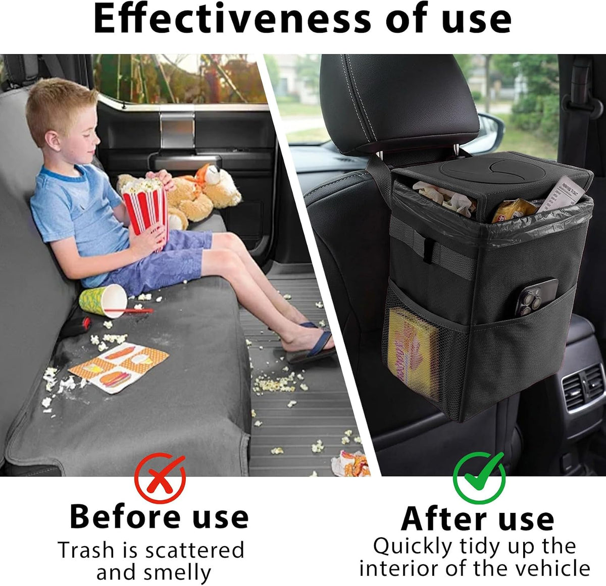 Car Trash Can with Lid, Car Garbage Can, Leak Proof Vehicle Trash Bin with 3 Storage Pockets, Universal Automotive Interior Accessories Hanging Waterproof Auto Garbage Bag for SUV Black