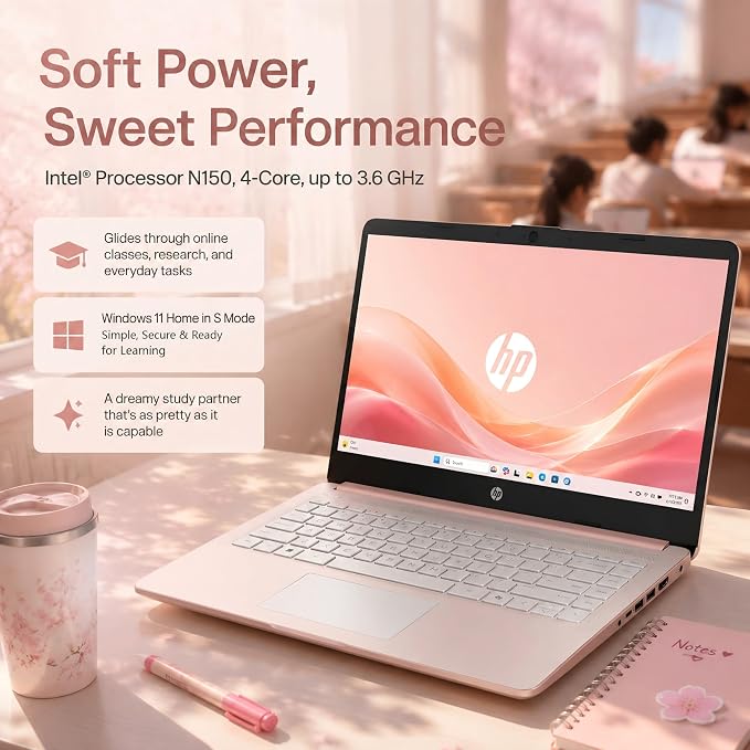 HP 14 Laptop for Students and Home Use, Intel Processor N150, 16GB RAM | 128GB UFS+256GB MSD, 14" HD Display, Wi-Fi 6, 1-Year Microsoft 365, Copilot AI Key, Lightweight, Pale Rose Gold, W/Mouse