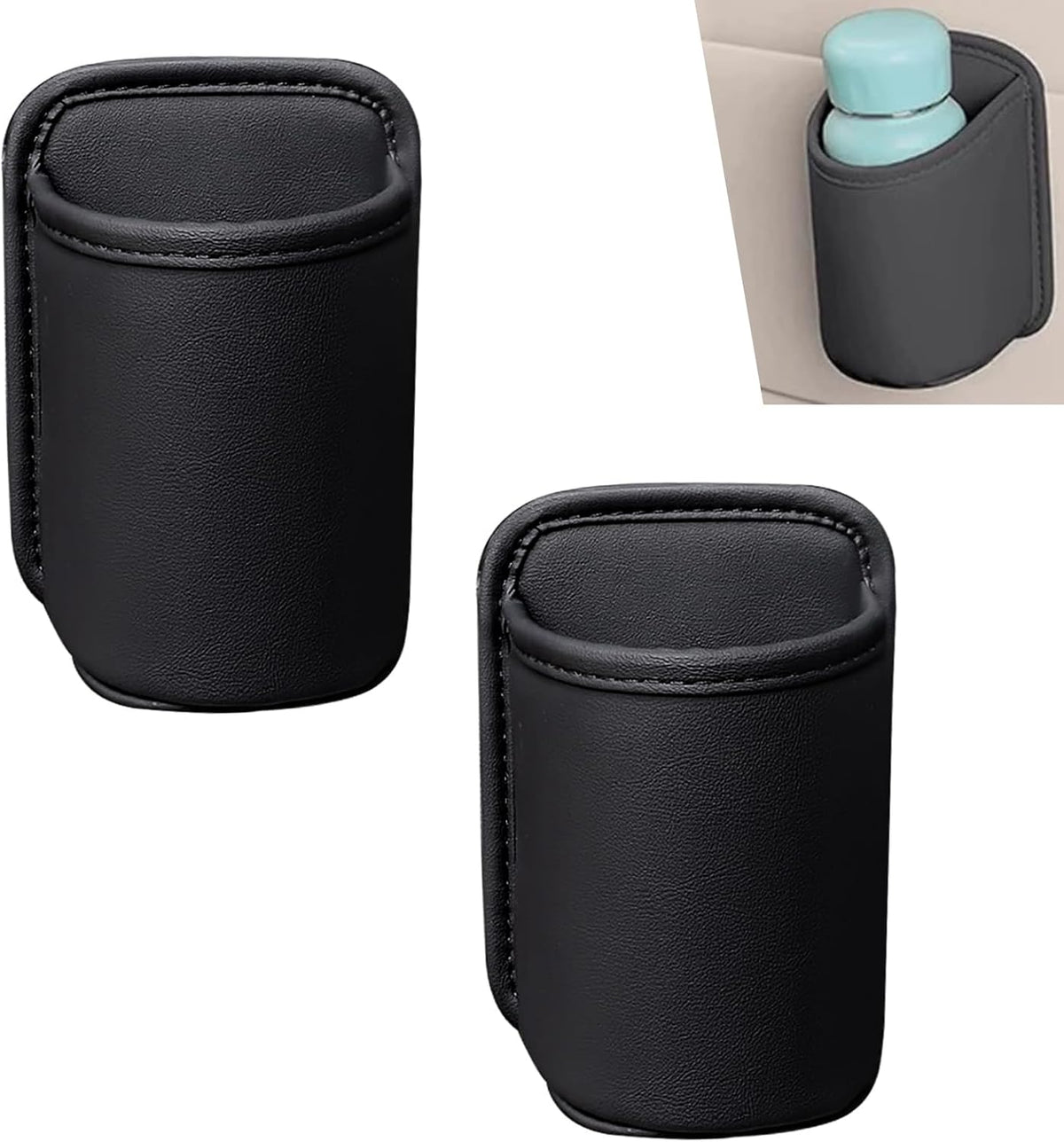 2PCS Car Cup Holder, Large Capacity Car Door Seat Clip-on Beverage Pocket Organizer, Leather Multi-Function Storage Bag, Universal for Most Sedans, Trucks, SUVs (Black)