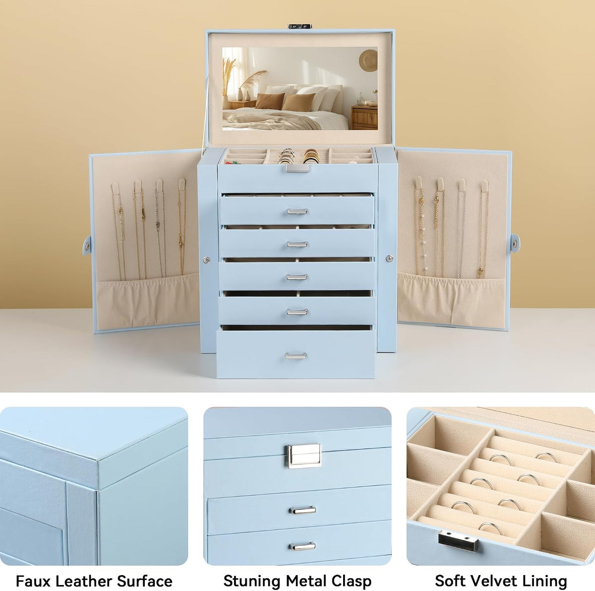 Frebeauty 6-Layer Jewelry Box for Women,Large Jewelry Organizer with Drawer