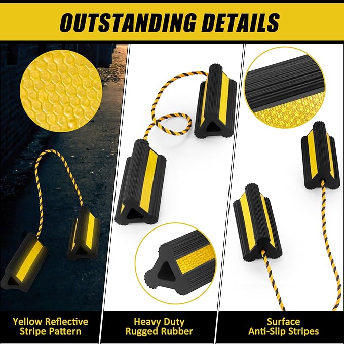 Heavy Duty Wheel Chocks - Wheel Stoppers for Trailer Travel Trailers RV Aircraft Car Camper Truck, Non Slip Rubber Wheel Block with Nylon Rope Yellow Reflective Tape（1 Pair）