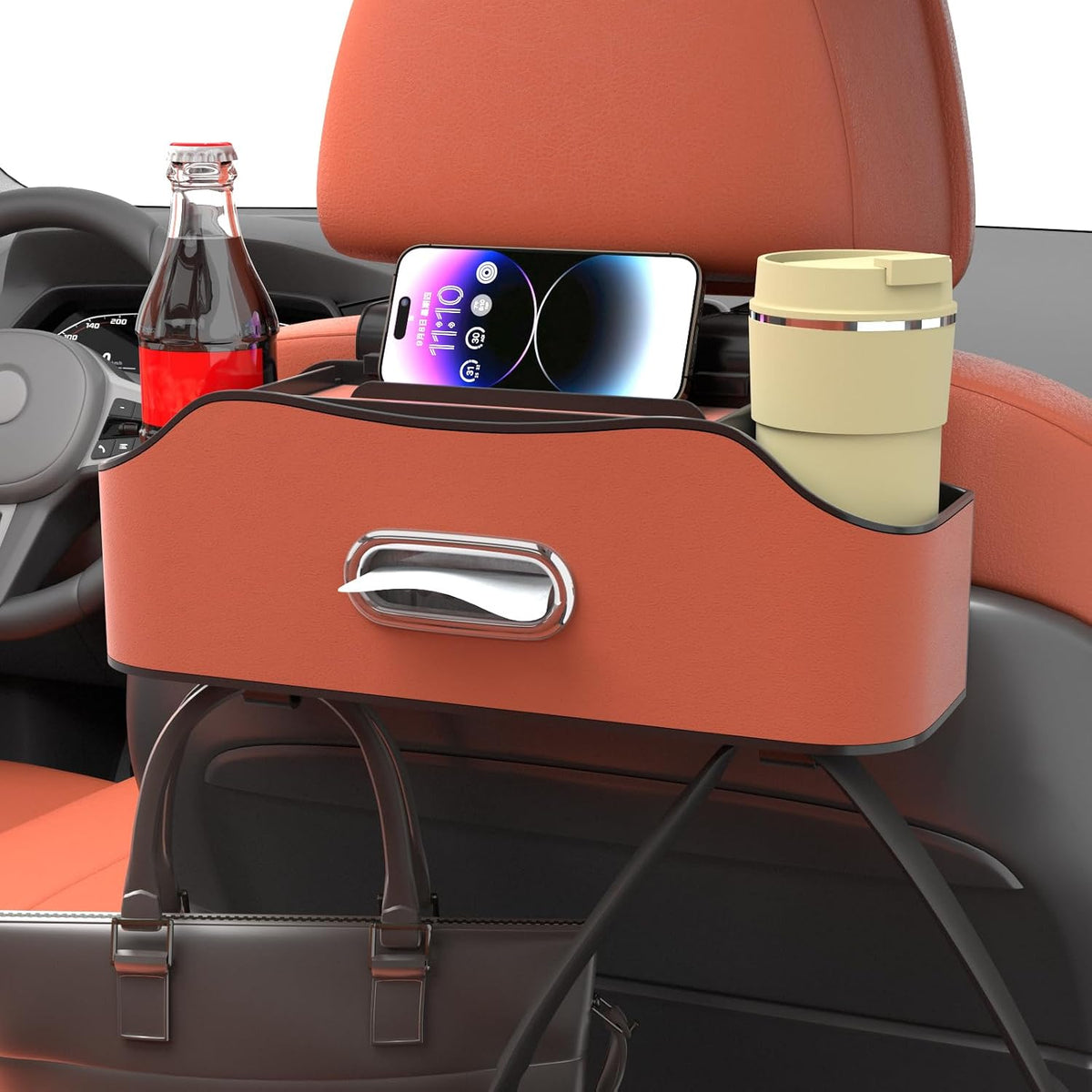 Back Seat Cup Holder for Car – Multifunctional Seat Back Organizer with Drink Holders, Tissue Box Storage & Hooks, Fits Headrest for Auto. (Gray)
