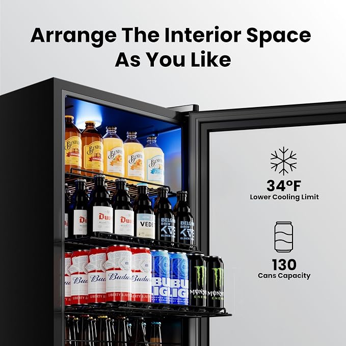 Yeego Beverage Refrigerator, 130 Can Mini Fridge with Glass Door, Adjustable Shelves, Digital Temperature Control 34°F-54°F, Drink Cooler for Soda, Beer and Wine, Freestanding or Under Counter, Black