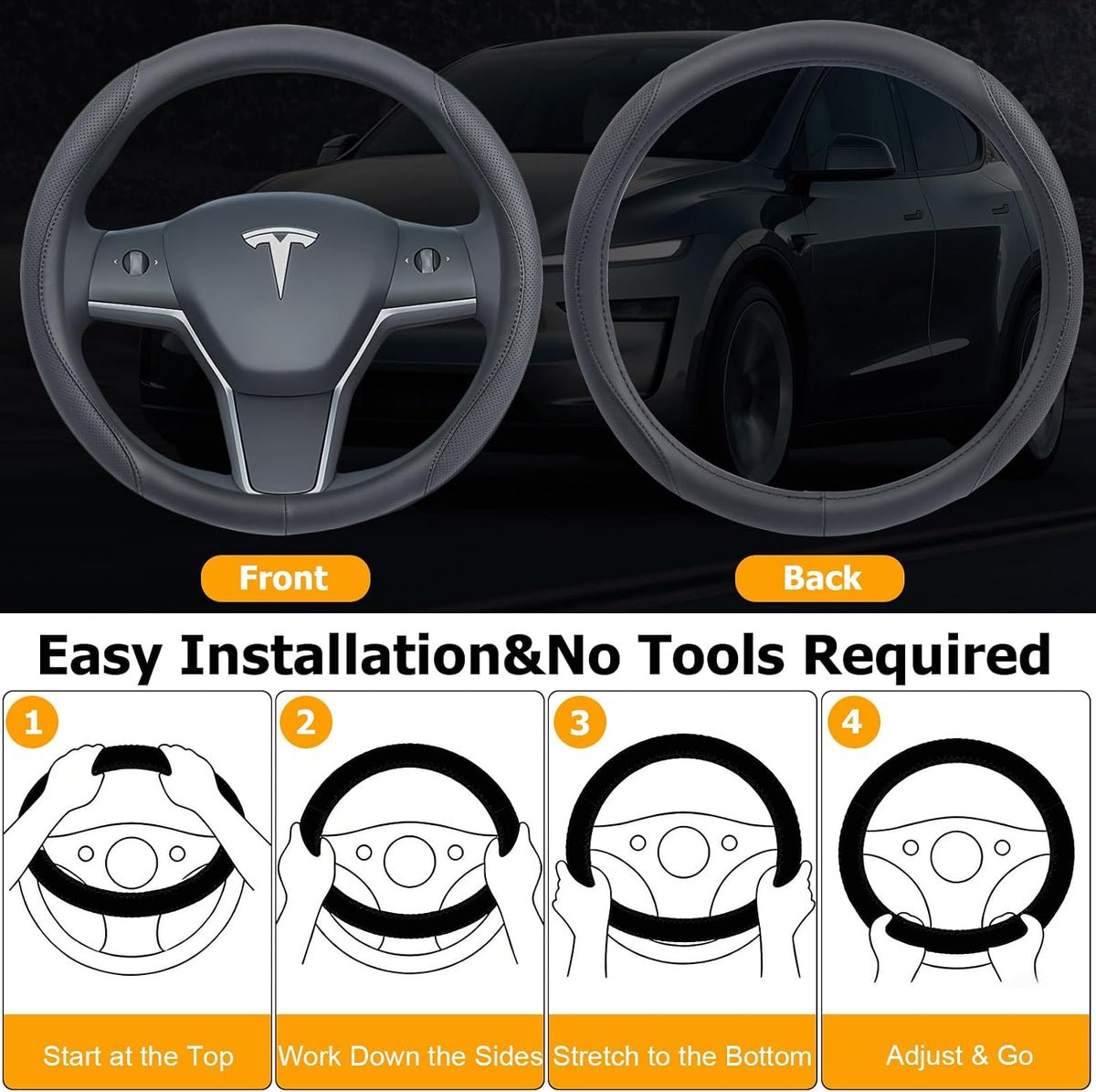 Ouzorp Nappa Leather Steering Wheel Cover for Tesla Model 3 2016-2025 Highland and Model Y 2020-2026 Juniper with Anti-Slip & Breathable Surface-Black